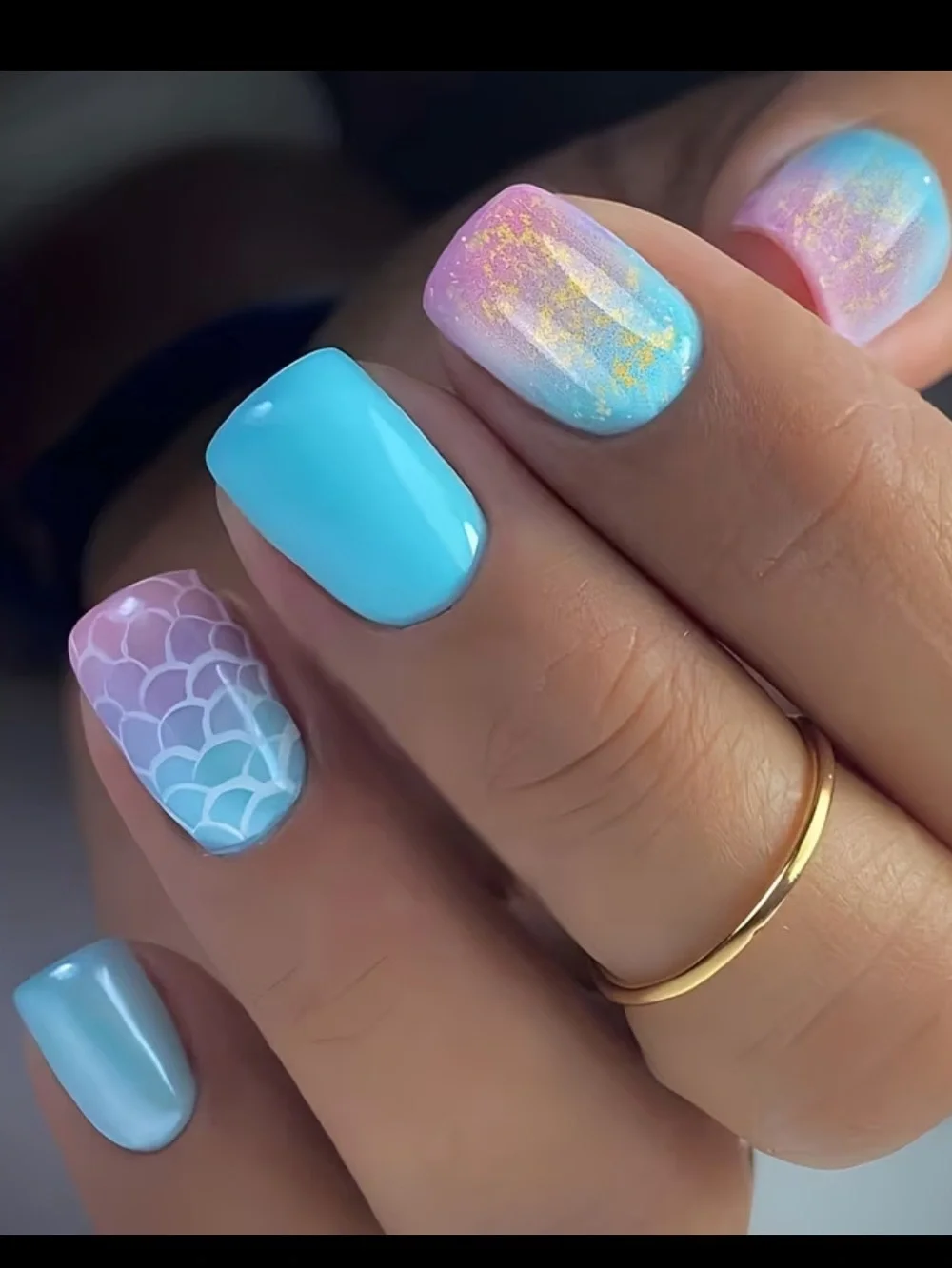 Press-On Mermaid Ombre Nails in Blue & Pink with Gold Accent 24pc Set